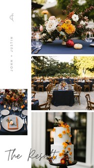 An autumnal collage of tablescapes and a cake with florals shows personalized wedding ideas by Emily Coyne Events team