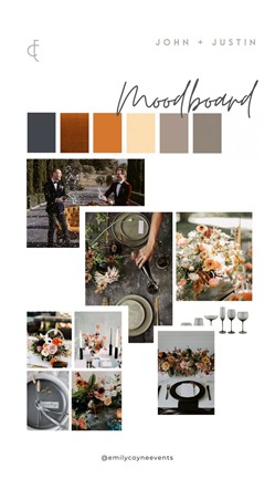 A collage of various images with a rustic color palette and personalized wedding ideas by Emily Coyne Events team