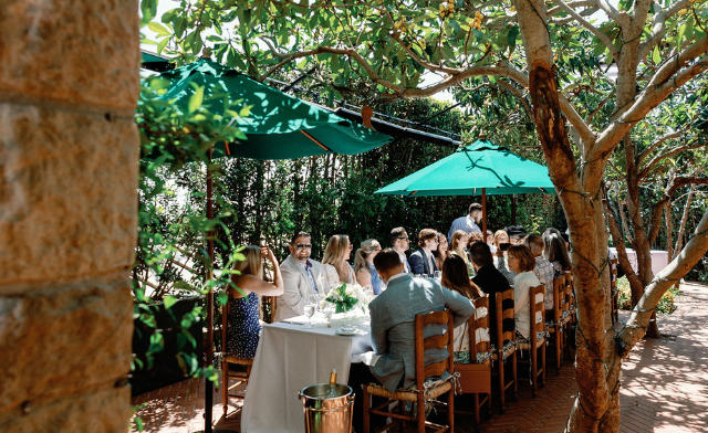 Guests sitting in an outdoor seating area