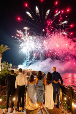 Newlywed bride and groom, alongside four other guests, look out at the water as fireworks decorate the sky, showing how a One & Only Palmilla wedding really stands out