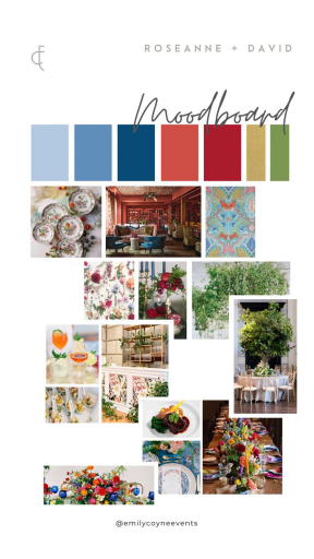 A collage of images with a vibrant color palette and personalized wedding ideas by Emily Coyne Events team