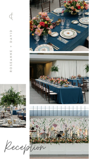 A collage of tablescapes and floral arrangements showing personalized wedding ideas by Emily Coyne Events team