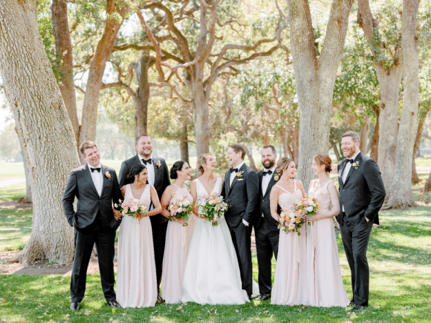 Bride and groom standing ahead of the bridesmaids and groomsmen