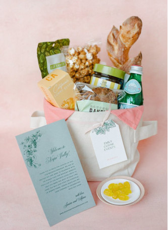 A welcome kit featuring local delicacies, a bottle of sparkling water, and a personalized note, perfect for making wedding guests feel appreciated.