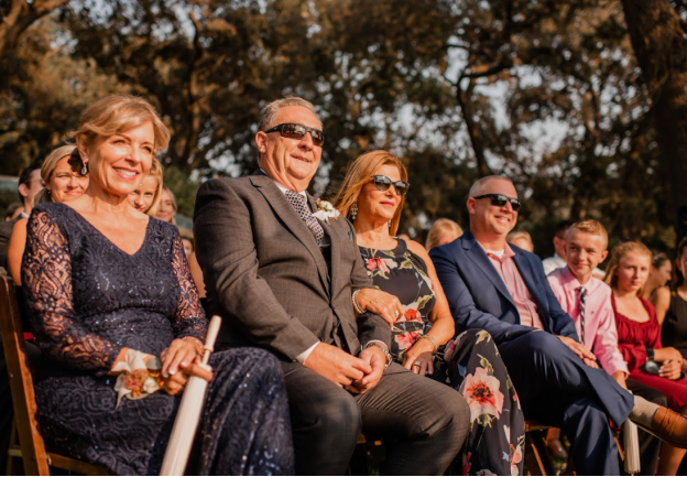 Wedding guests dressed in formal attire seated at an outdoor ceremony.