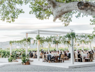 Wedding guests at a summer wedding.