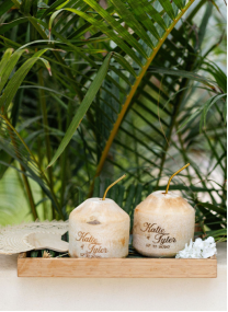 Two drink containers with leaves in the background.