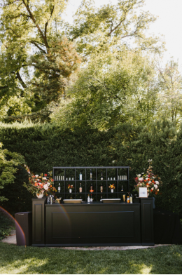 The picture shows a beautifully organized cocktail bar.