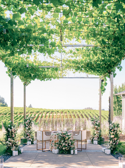 Romantic sweetheart table setup overlooking vineyard rows under a green canopy
