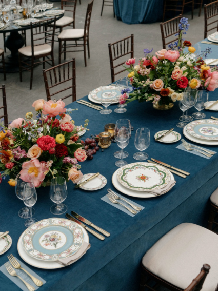 A tablescape with floral decorations at a New York City wedding.