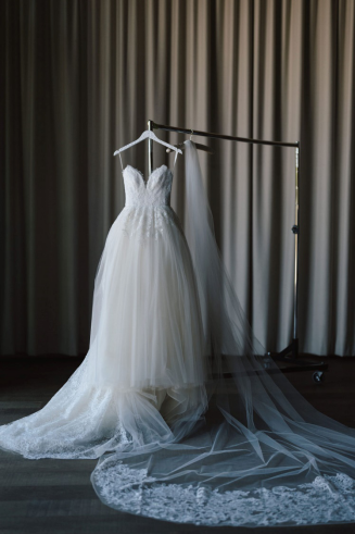 a bridal gown with sheer layers.