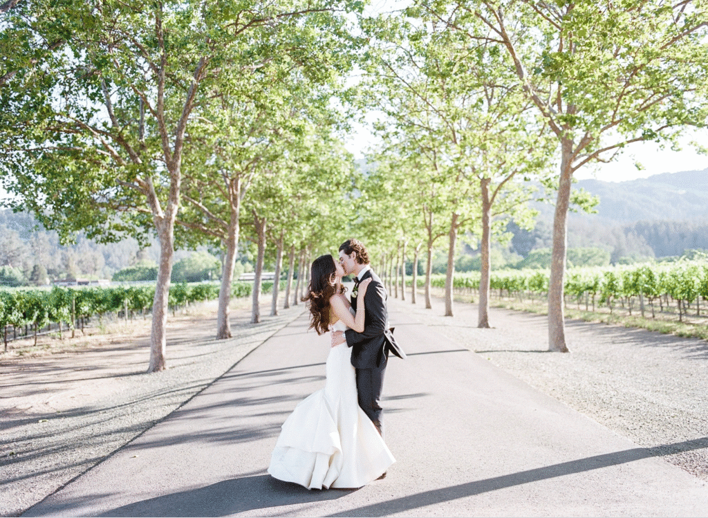 an outdoor wedding with a bride and a groom. 