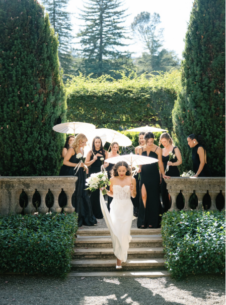 bride and her bridesmaids holding umbrellas