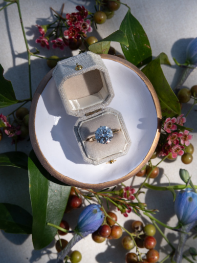 a ring box containing a beautiful diamond ring. 