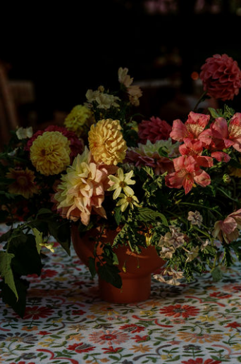 A flower arrangement with bold colors